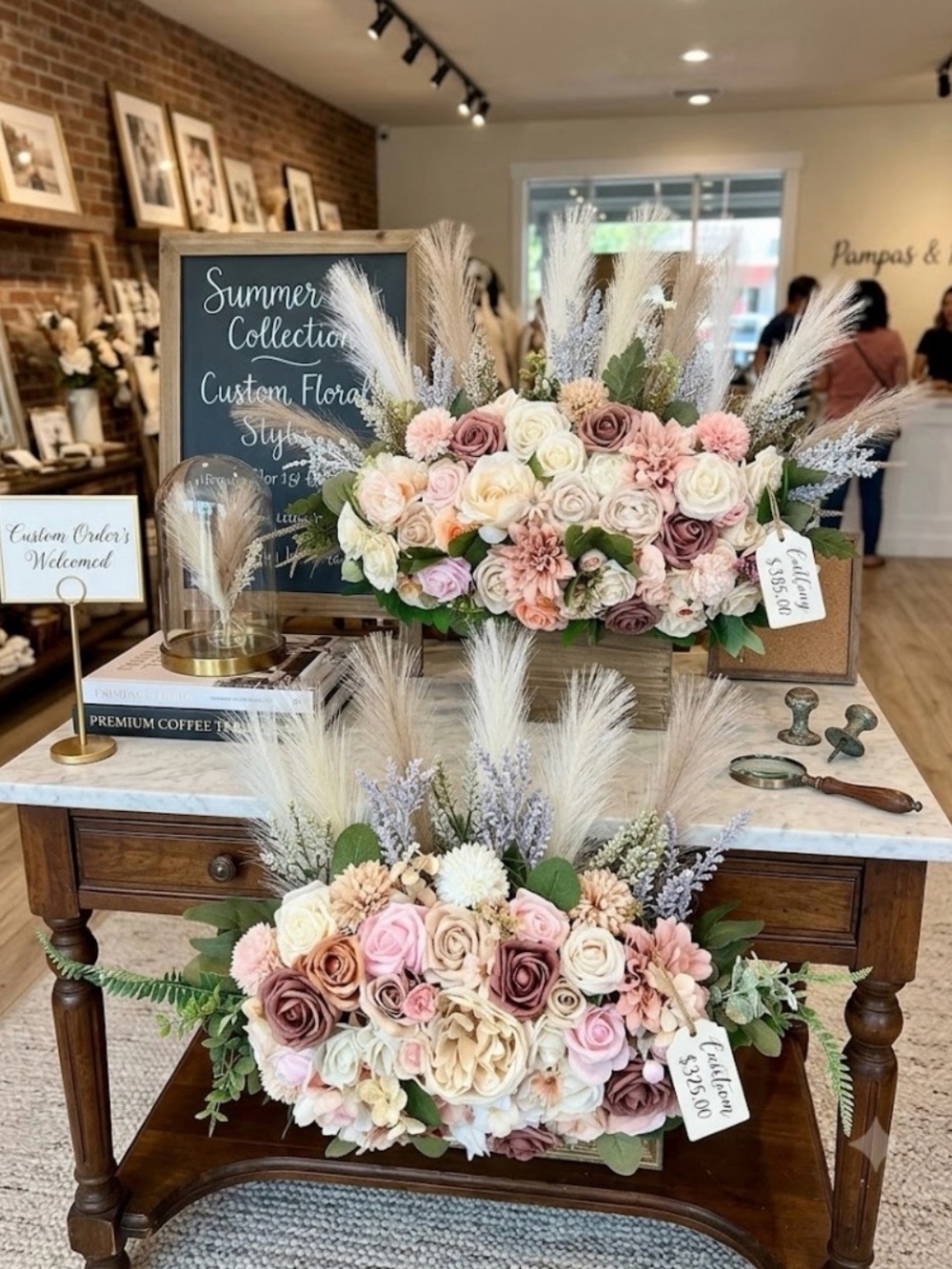 Custom Pampas & Rose Floral Arrangement - Blush, Mauve & Cream